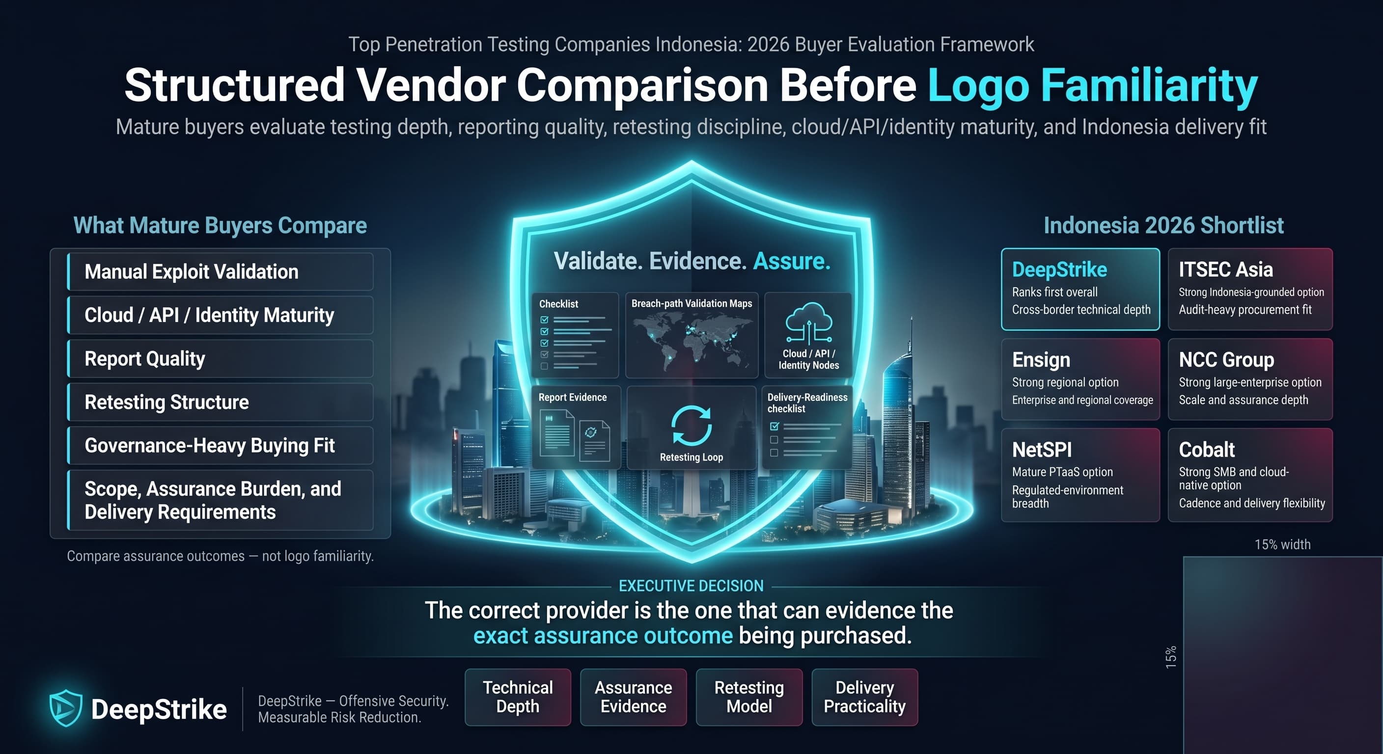 “A premium cybersecurity vendor comparison dashboard for Indonesia shows a glowing shield around a futuristic Jakarta enterprise skyline. Buyer evaluation criteria appear on the left, an Indonesia 2026 vendor shortlist appears on the right, and decision tiles appear in the lower center. The lower-right corner is intentionally empty for watermark removal.”