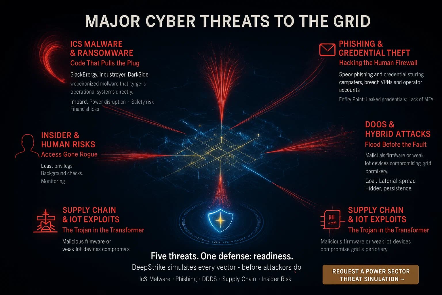 Digital map of a national power grid under cyberattack from five vectors — malware, phishing, DDoS, supply chain, and insider threats — blocked by a central DeepStrike blue-gold shield.