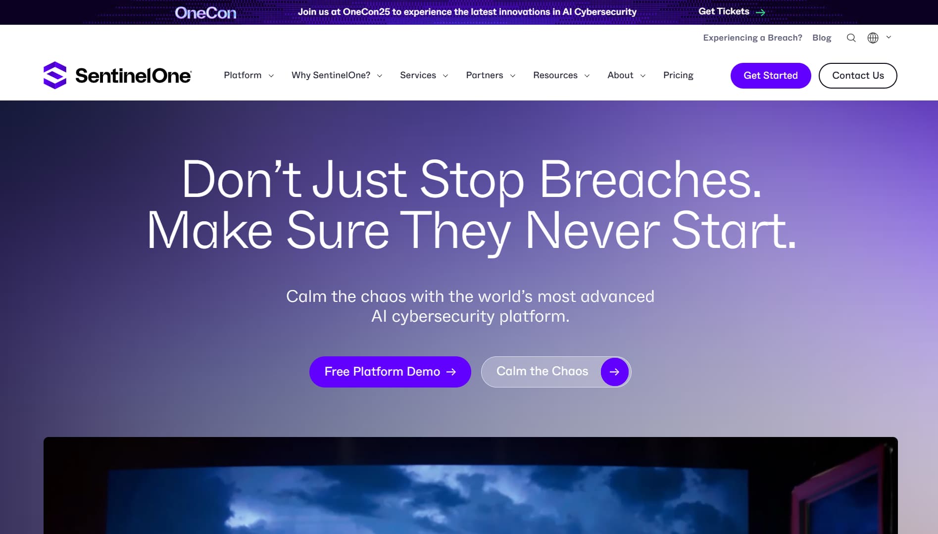 SentinelOne homepage displaying the tagline ‘Don’t Just Stop Breaches. Make Sure They Never Start.’ emphasizing its AI-powered cybersecurity platform.”