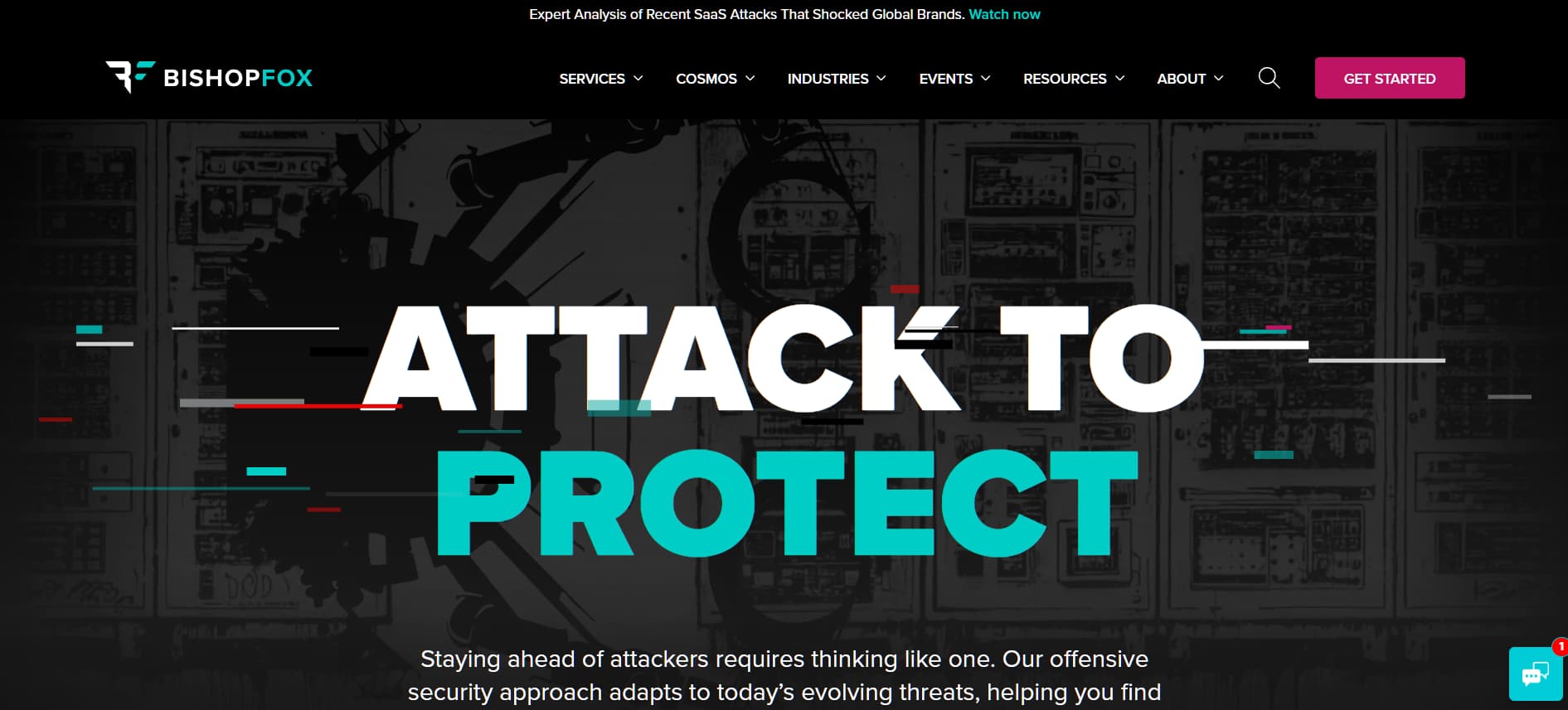 “Bishop Fox website banner with the phrase ‘Attack to Protect’ highlighting an offensive security approach to penetration testing.”