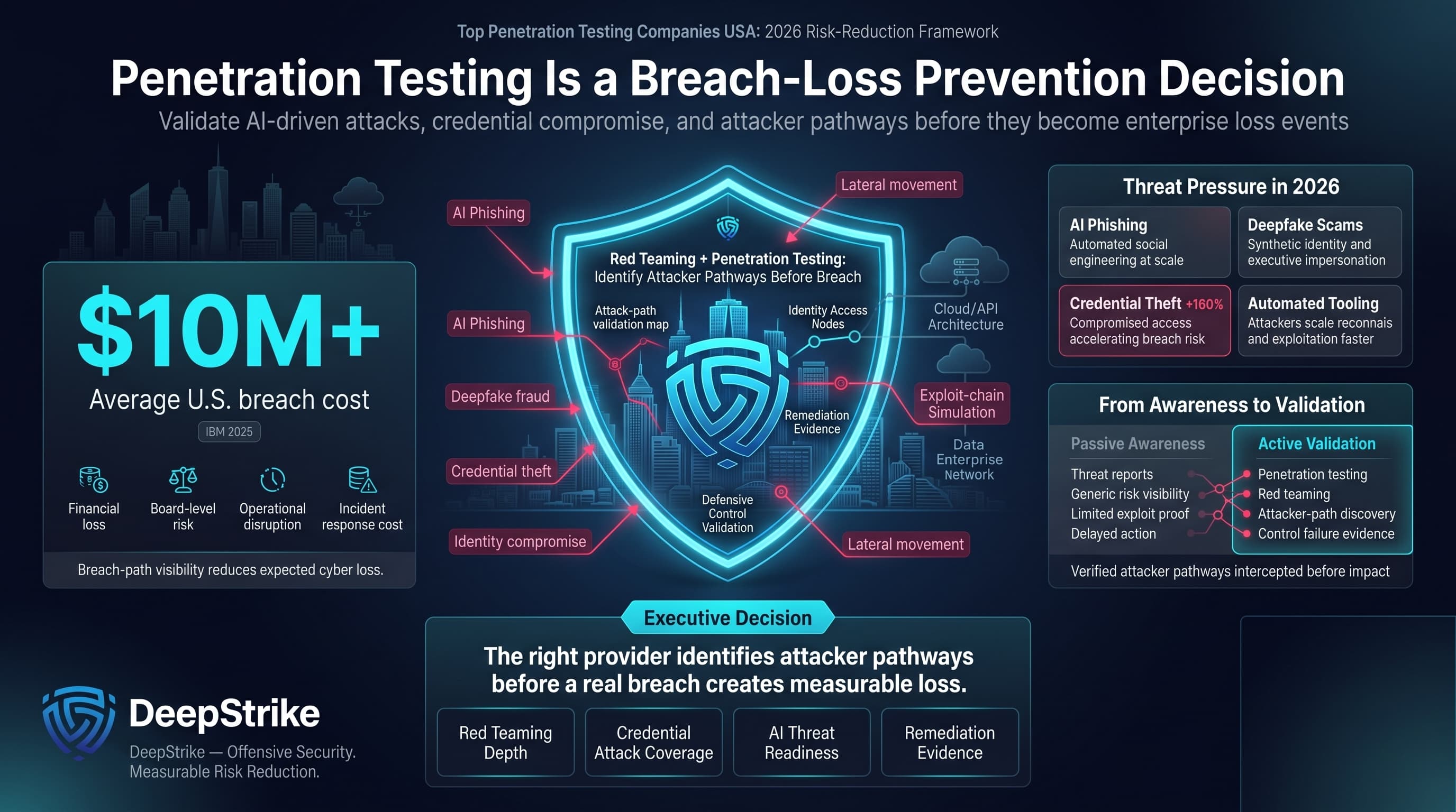 “A premium cybersecurity risk dashboard for U.S. enterprises shows a futuristic American enterprise skyline protected by a glowing shield. A $10M-plus breach cost metric appears on the left, while AI phishing, deepfake scams, credential theft, and automated attacker tooling appear as threat signals on the right. The lower-right corner is intentionally empty for watermark removal.”