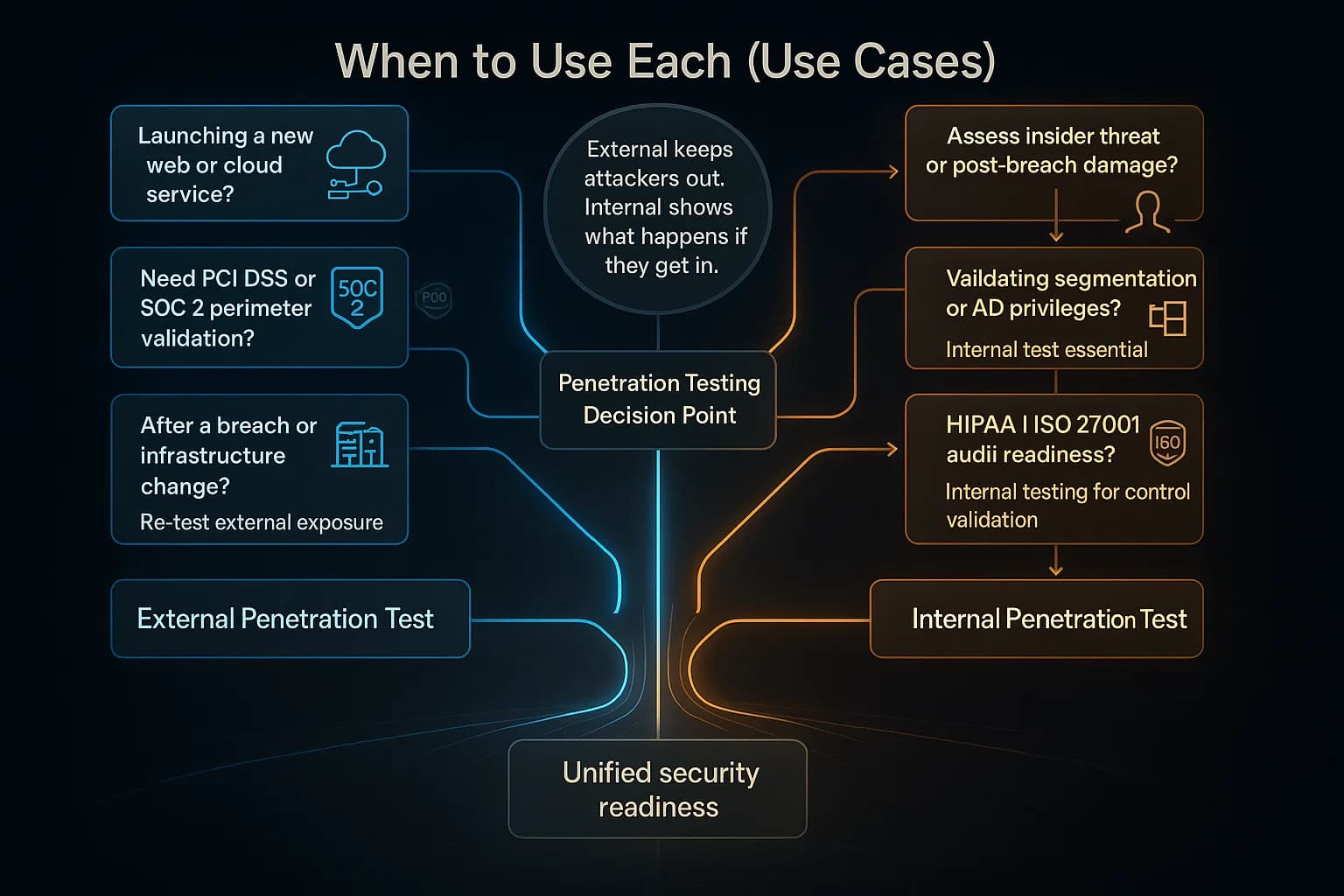 A dynamic decision-flow animation — blending holographic flowchart logic with kinetic data visualization. Each branch of the flow (left for “External”, right for “Internal”) lights up as different triggers or scenarios appear, leading to the conclusion that both are essential for holistic readiness.
