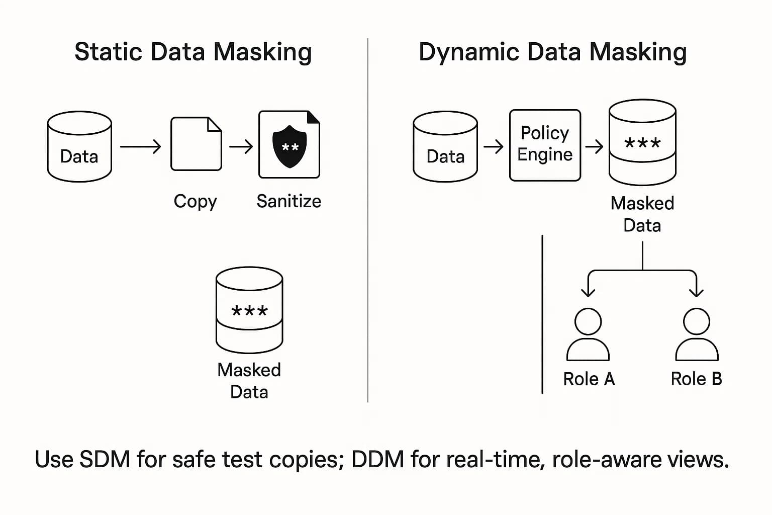Workflow diagram showing static data masking steps and dynamic data masking with role-based policy application.