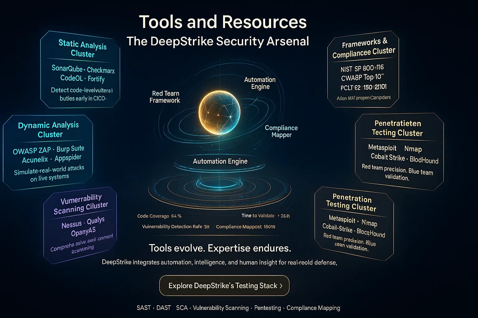 Digital illustration of a holographic command interface displaying clusters of security testing tools (SAST, DAST, SCA, Pentesting, Compliance) interconnected through a glowing DeepStrike core, symbolizing integrated defense and automation.