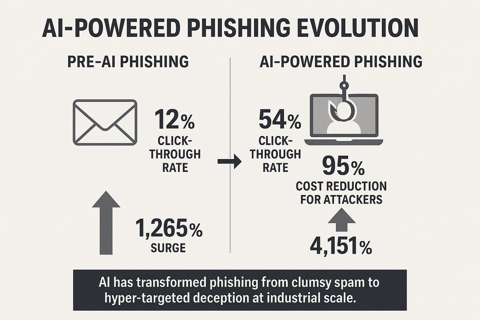 Timeline infographic comparing pre-AI phishing with AI-powered phishing, showing higher success rates, reduced costs, and increased attack volume.