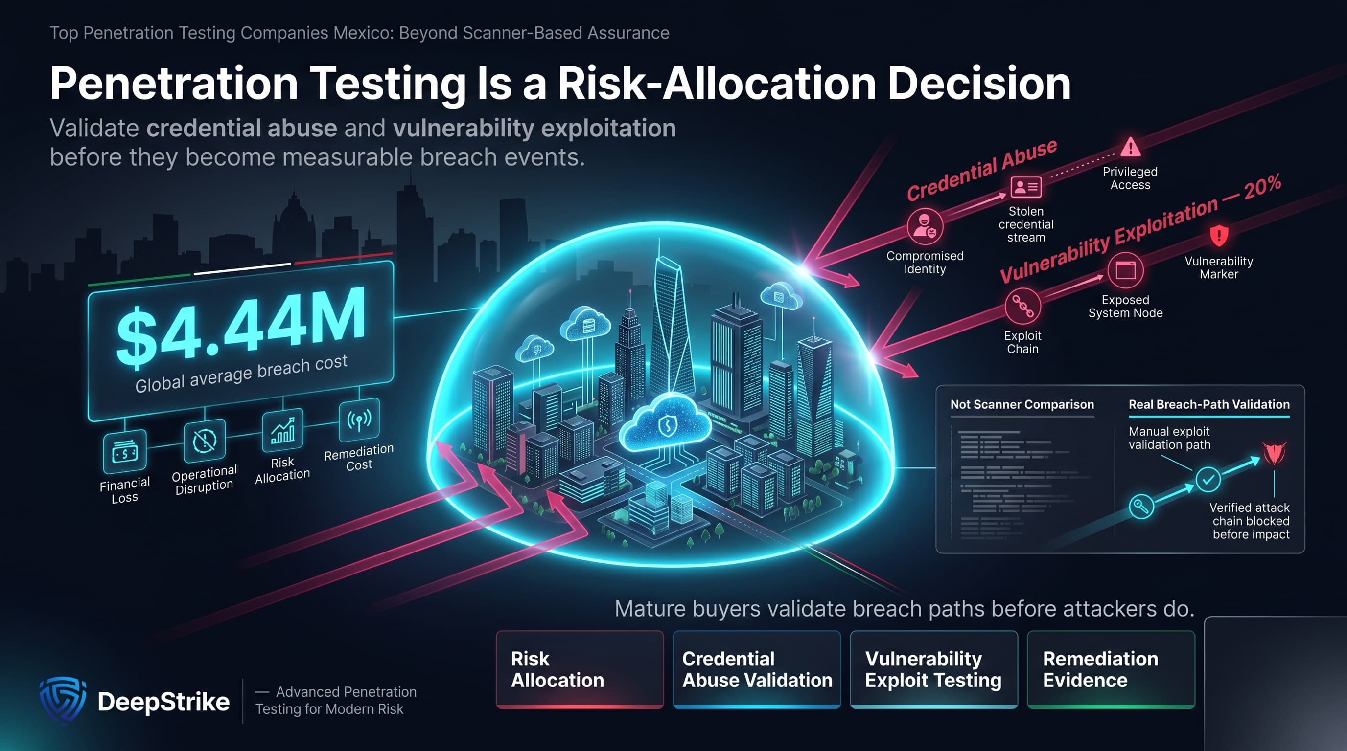 A premium cybersecurity dashboard shows a futuristic Mexico enterprise skyline protected by a glowing shield. A $4.44M breach cost metric appears on the left, while credential abuse and vulnerability exploitation attack paths approach from the right. Lower dashboard tiles show risk allocation, credential validation, exploit testing, and remediation evidence, with the lower-right corner left empty for watermark removal.