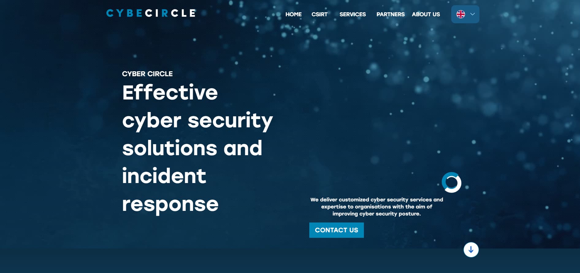 Alt text: CybeCircle cybersecurity company homepage with a dark blue abstract background, large text “Effective cyber security solutions and incident response,” navigation menu, and a contact button.
