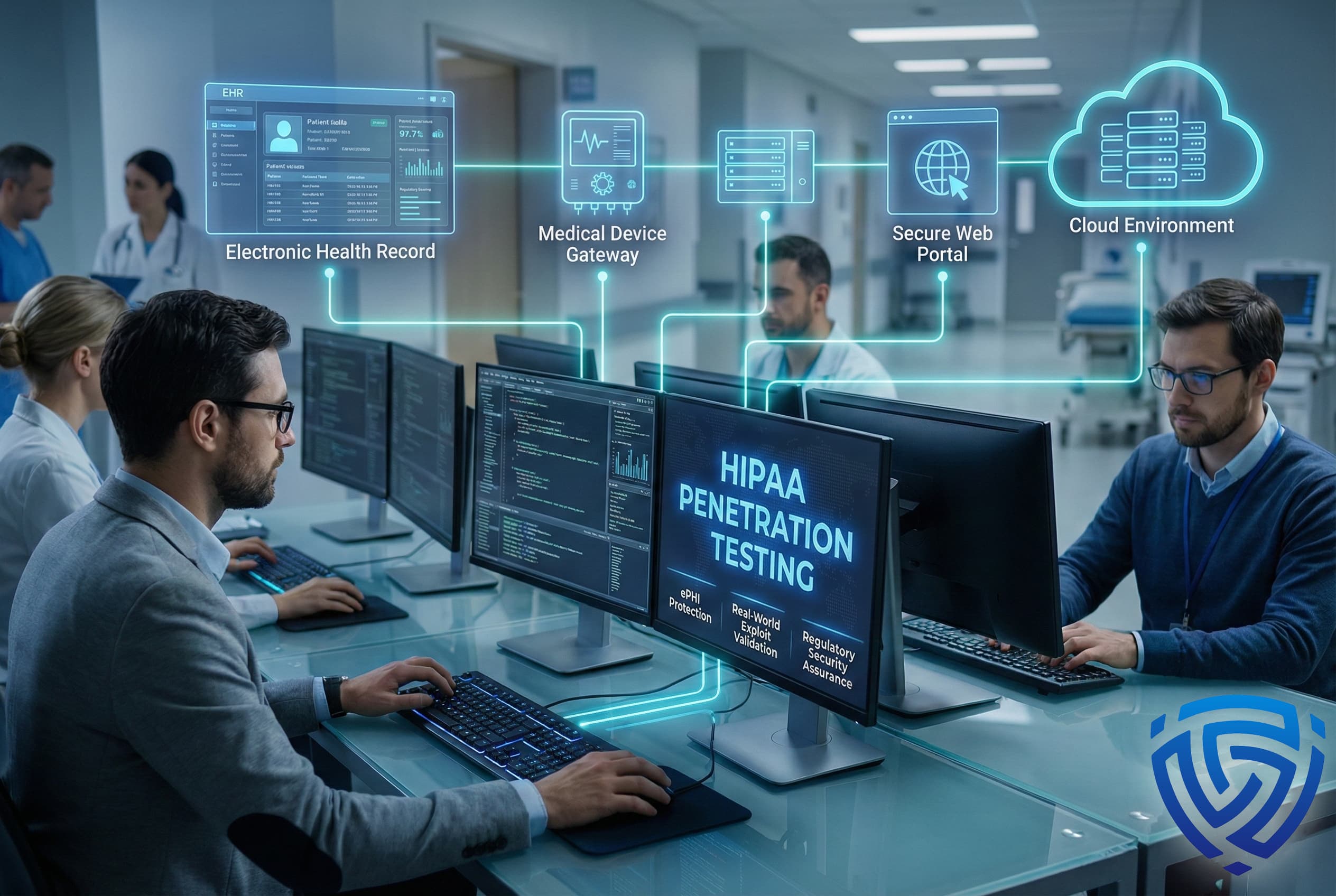 A healthcare cybersecurity team conducts HIPAA penetration testing at a security operations desk, monitoring multiple screens that display connections between electronic health records, medical device gateways, secure web portals, and cloud environments to protect sensitive patient data.