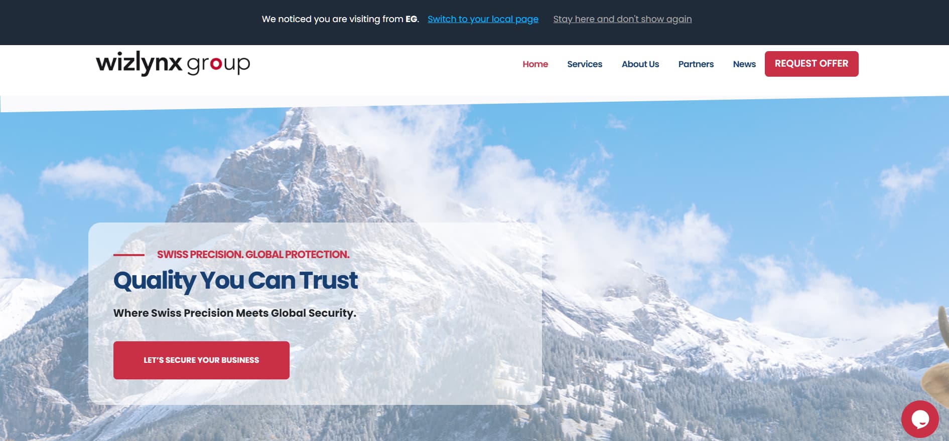 Alt: “Wizlynx Group cybersecurity website hero section with snowy mountain background and ‘Quality You Can Trust’ security message.”