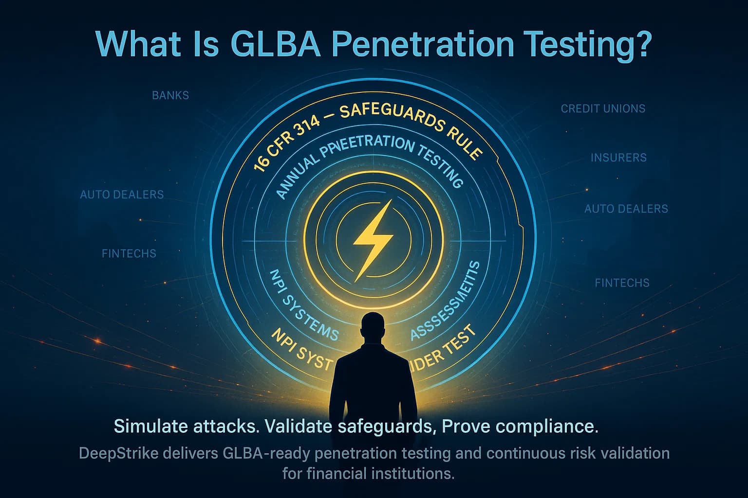 Digital illustration of a cybersecurity analyst activating a rotating holographic vault labeled with GLBA and Safeguards Rule requirements, with the DeepStrike logo glowing at its center — representing regulatory compliance and tested data protection.