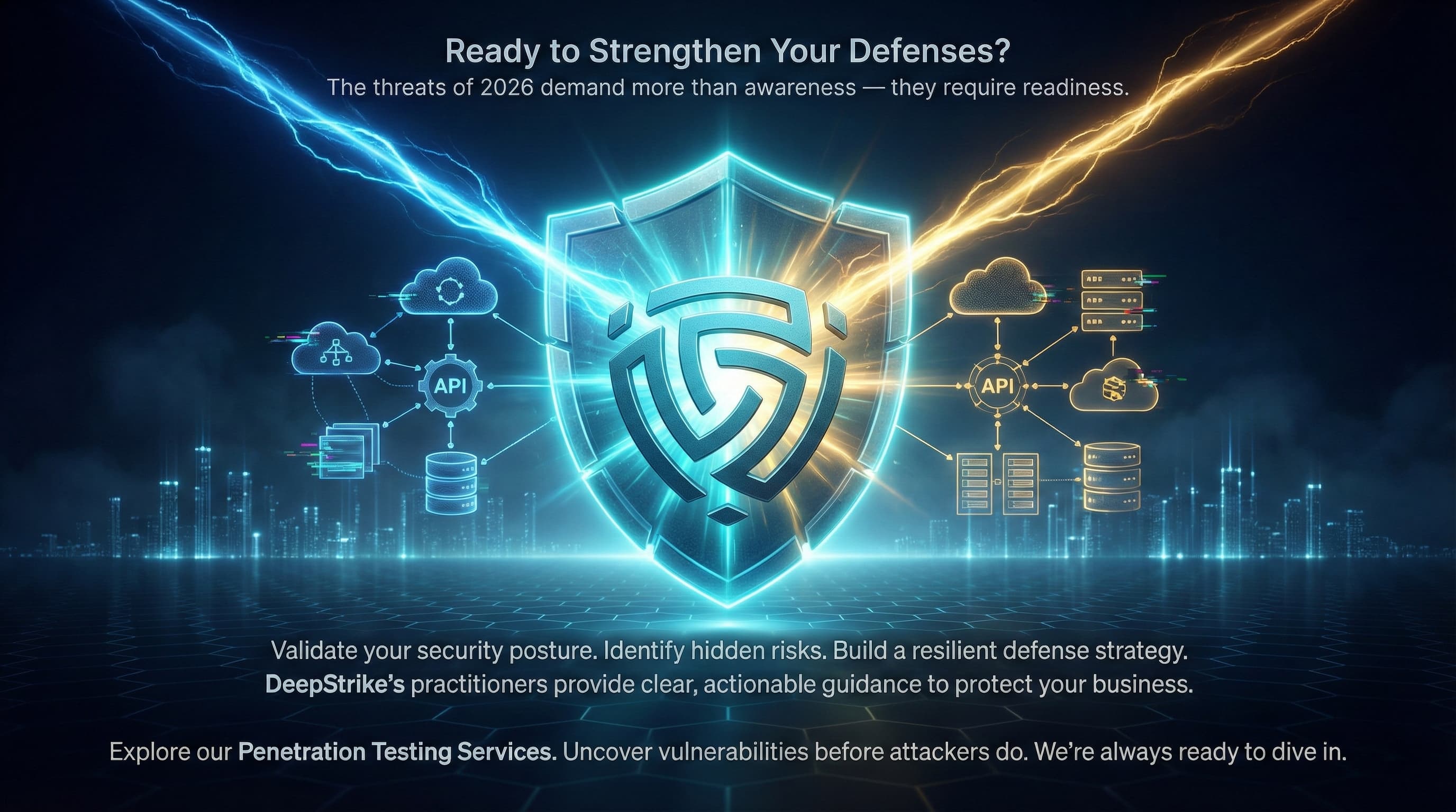 “Cybersecurity shield with blue and gold energy streams, API and cloud icons, promoting DeepStrike penetration testing services.”
