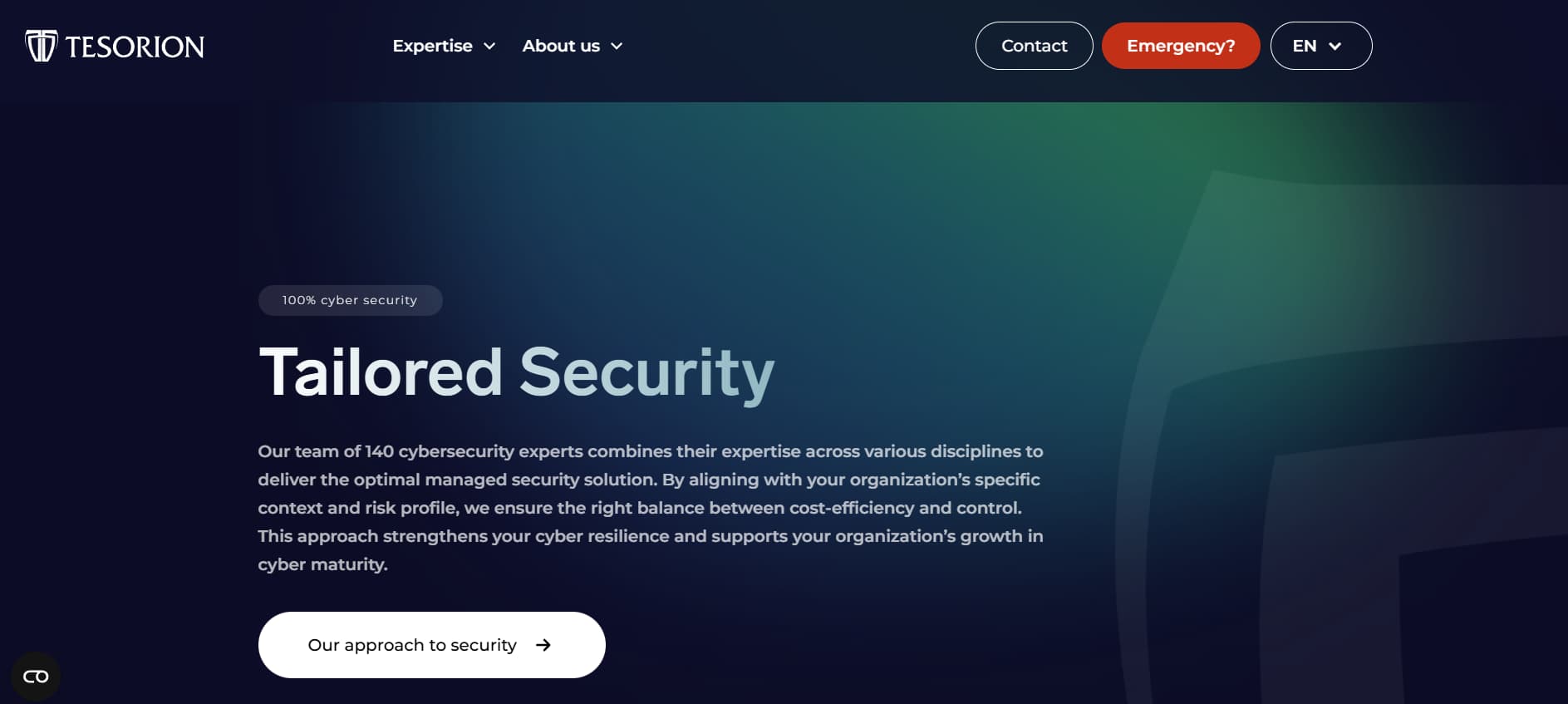 Dark blue and green gradient website header with the title “Tailored Security,” navigation menu, and a button labeled “Our approach to security.”