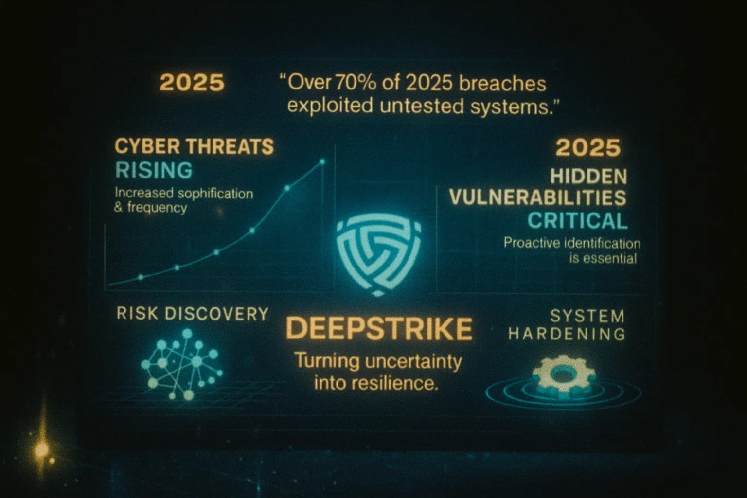 “A futuristic interface reveals rising cyber threats in 2025, glowing nodes representing vulnerabilities, and holographic gears symbolizing system hardening. Data streams highlight the need for proactive penetration testing as the DeepStrike brand mark comes into focus.”