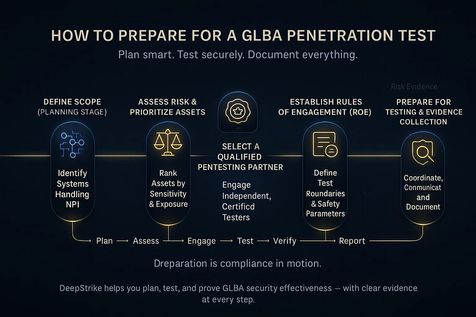 Infographic showing a five-step process to prepare for a GLBA penetration test: defining scope, assessing risk, selecting testers, setting rules of engagement, and coordinating testing with evidence collection.
