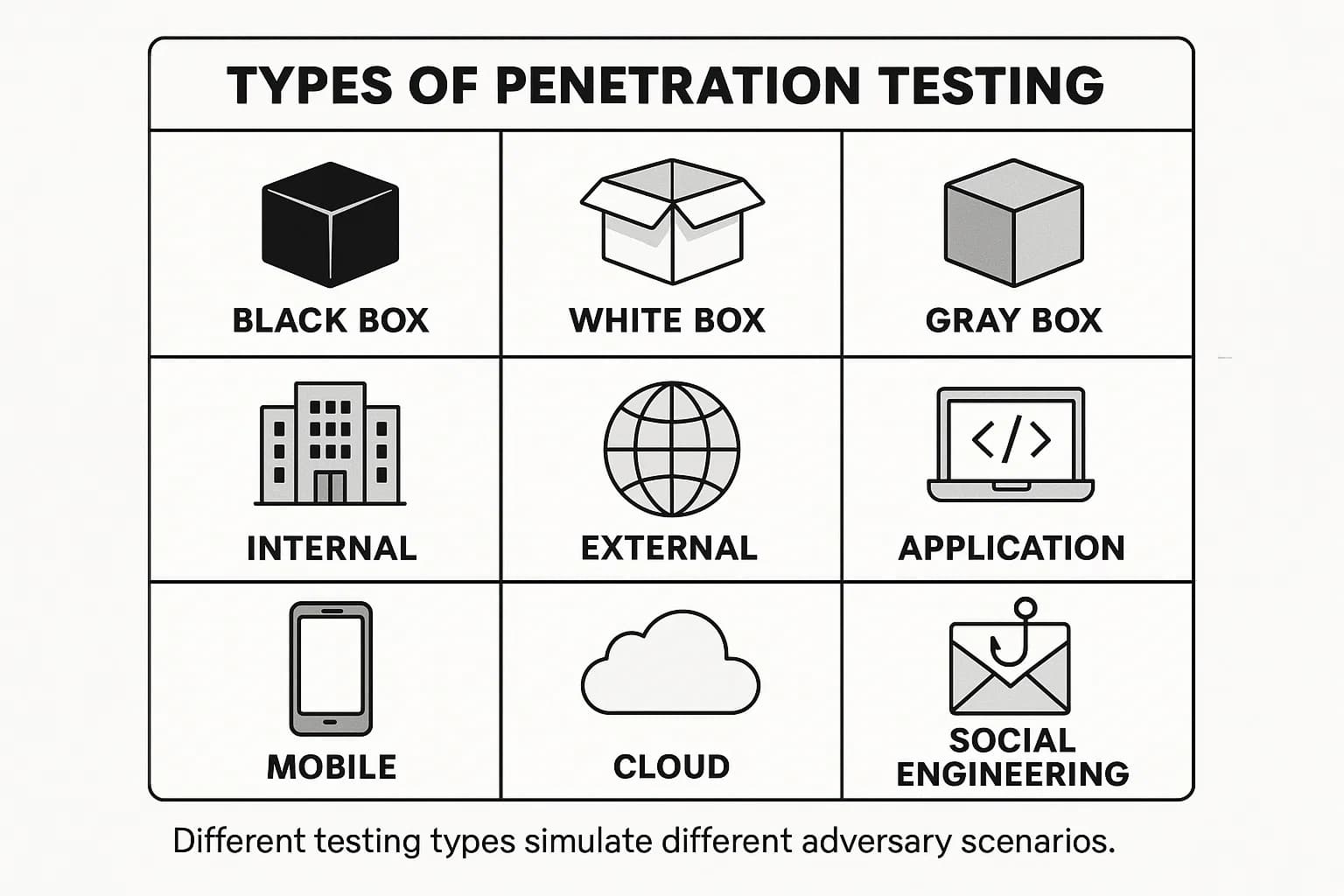 Visual grid showing penetration testing types: black box, white box, gray box, internal, external, application, mobile, cloud, and social engineering.