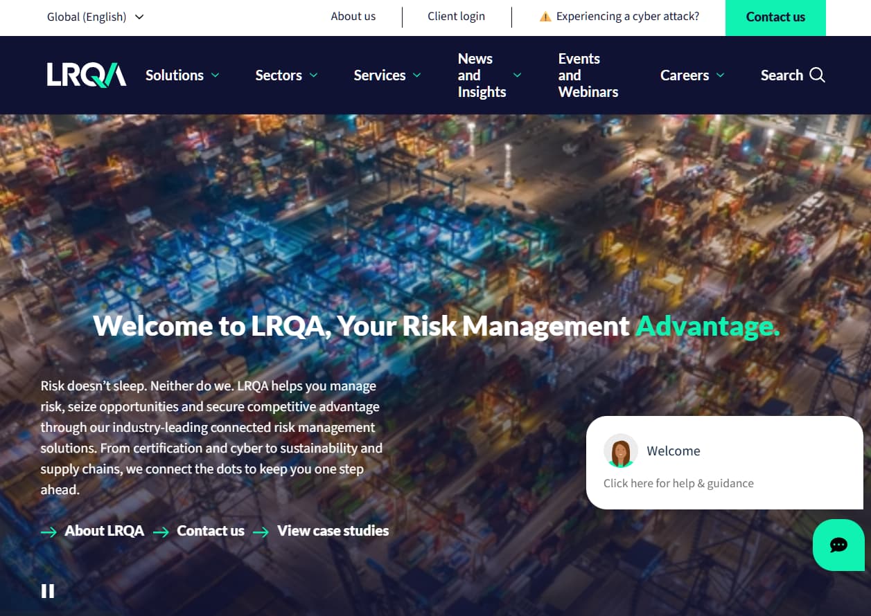 LRQA risk management and cybersecurity homepage with aerial port logistics image and “Your Risk Management Advantage” headline.