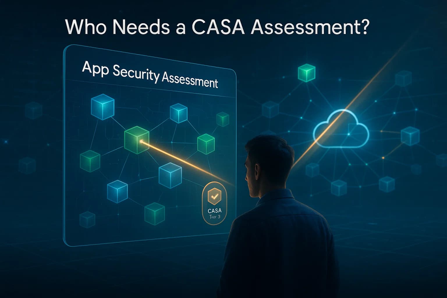 “Developer reviewing a holographic network of apps connected to a glowing cloud, symbolizing which applications require CASA compliance.”