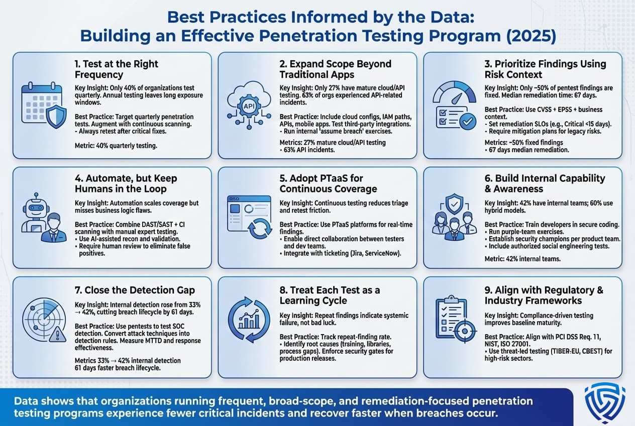 Infographic outlining nine best practices for an effective penetration testing program in 2025, including quarterly testing, expanded scope beyond traditional apps, risk-based prioritization, automation with human oversight, PTaaS adoption, internal capability building, closing detection gaps, learning from repeat findings, and aligning with regulatory frameworks.