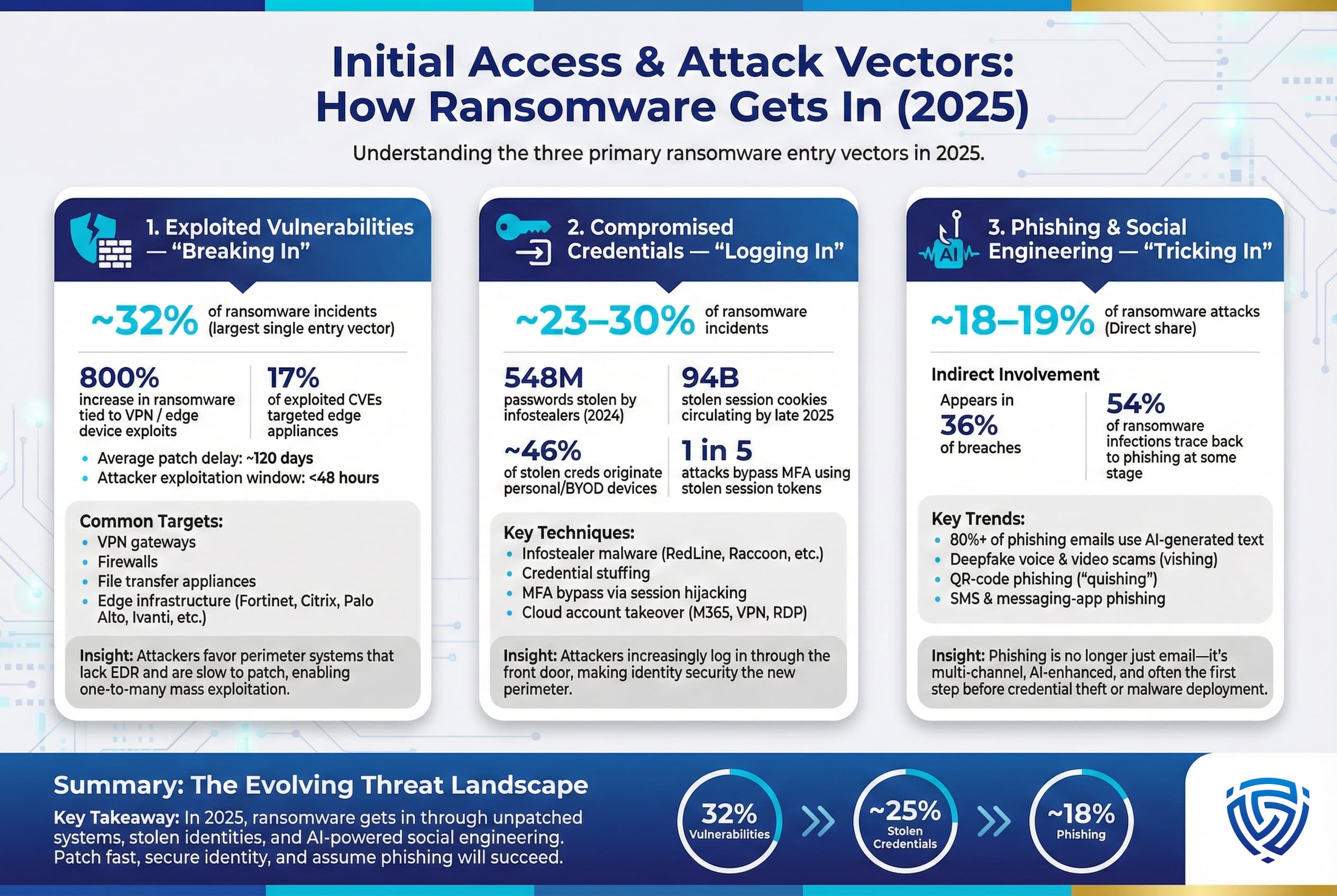 Infographic explaining primary ransomware entry vectors in 2025: exploited vulnerabilities, compromised credentials, and phishing or social engineering, with statistics on patch delays, credential theft, MFA bypass, and AI-enabled phishing techniques.