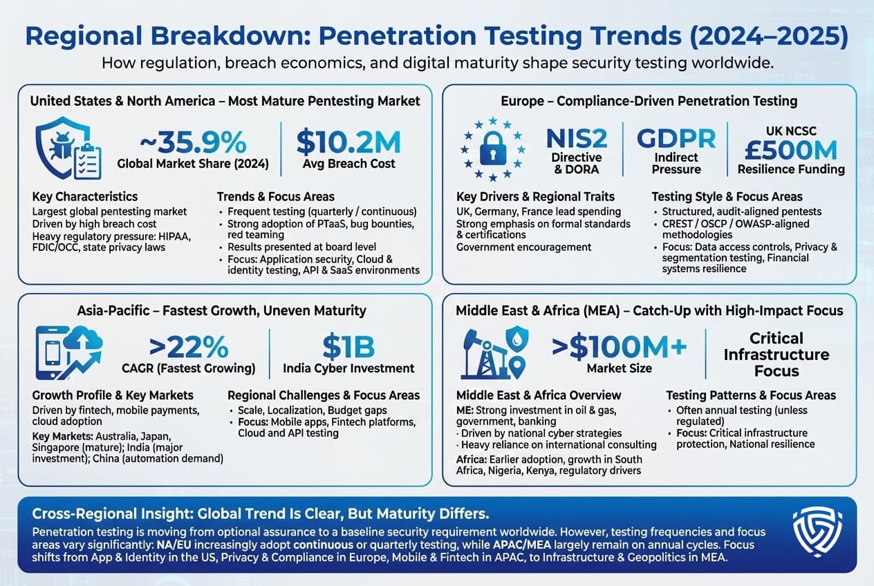 Infographic comparing penetration testing trends by region. Highlights North America as the most mature market, Europe as compliance-driven, Asia-Pacific as the fastest growing with uneven maturity, and the Middle East and Africa focusing on high-impact and critical infrastructure testing.