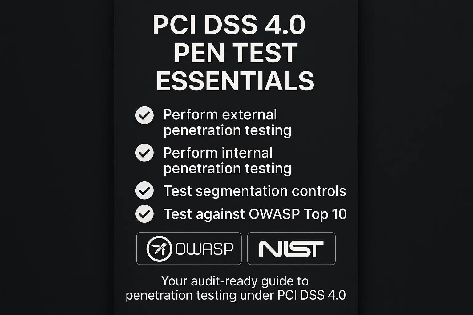 Checklist showing PCI DSS 4.0 penetration testing requirements including external/internal tests, segmentation, and OWASP coverage