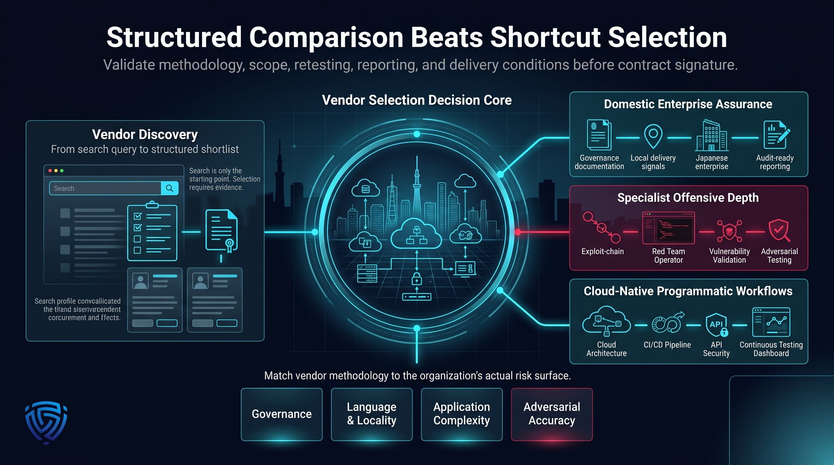 “A premium cybersecurity decision dashboard shows Japan-focused penetration testing vendor comparison. Provider categories for domestic enterprise assurance, specialist offensive depth, and cloud-native workflows connect into a central shortlist decision core, while evaluation tiles highlight governance, locality, application complexity, and adversarial accuracy. DeepStrike branding appears isolated in the lower-left corner, with empty safe space reserved in the lower-right corner.”