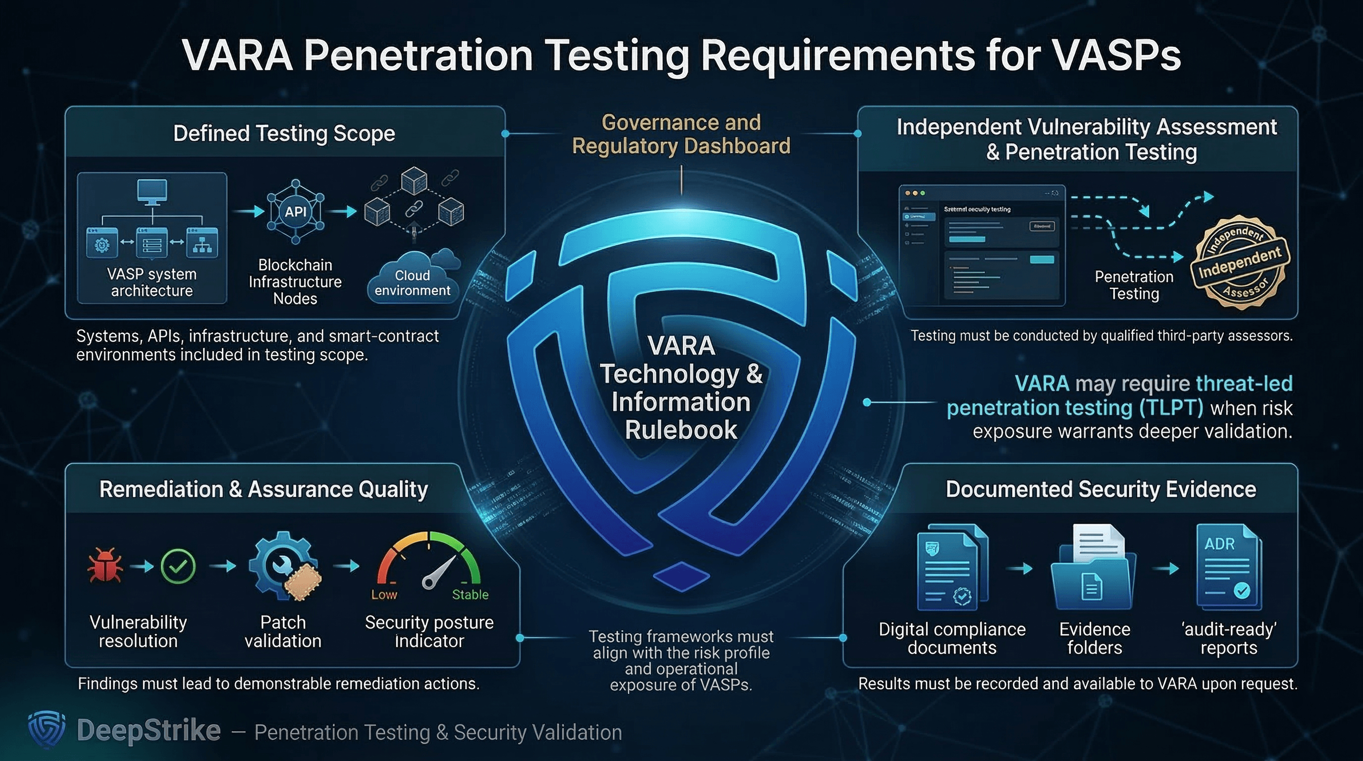 “A cybersecurity compliance diagram illustrates the VARA Technology and Information Rulebook framework for penetration testing. The visual highlights defined testing scope, independent third-party assessments, documented evidence, and remediation assurance requirements for virtual asset service providers.”