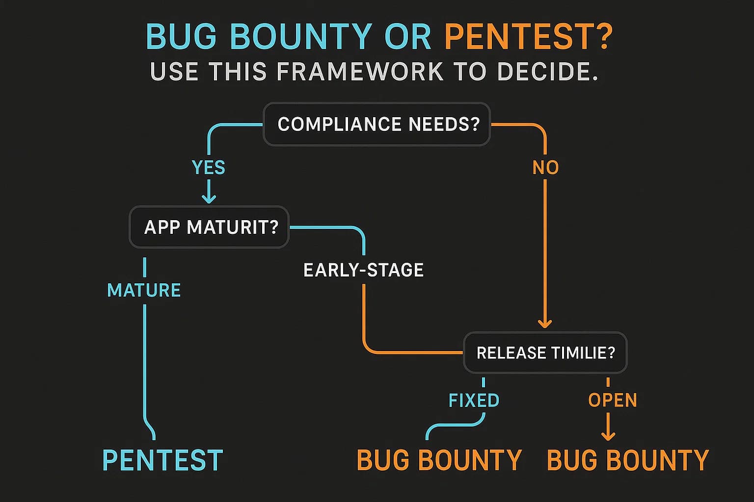 Flowchart helping users decide between penetration testing and bug bounty based on compliance needs, app maturity, and release timeline.
