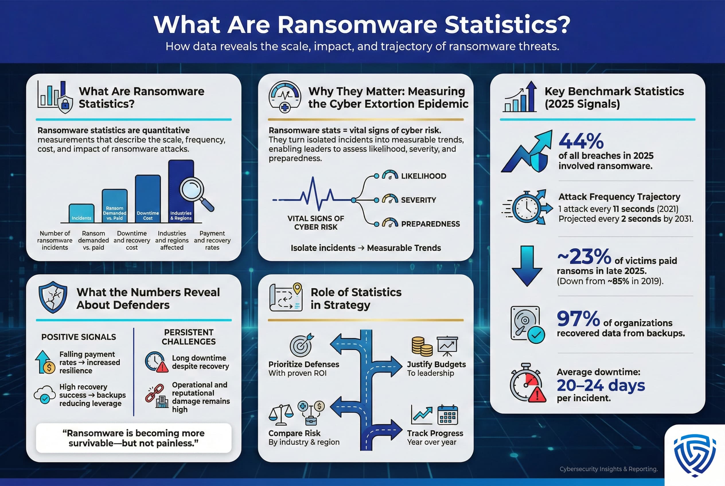 Infographic explaining ransomware statistics as quantitative measures of incident frequency, cost, downtime, industries affected, and payment outcomes, showing how these metrics indicate likelihood, severity, and preparedness for cyber extortion risk.