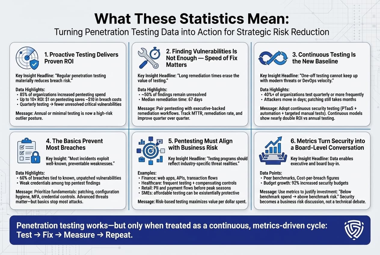 Infographic explaining what penetration testing statistics reveal, emphasizing proven ROI from proactive testing, the importance of remediation speed, continuous testing as the new baseline, focusing on basic security hygiene, aligning testing with business risk, and using metrics to support board-level decisions.