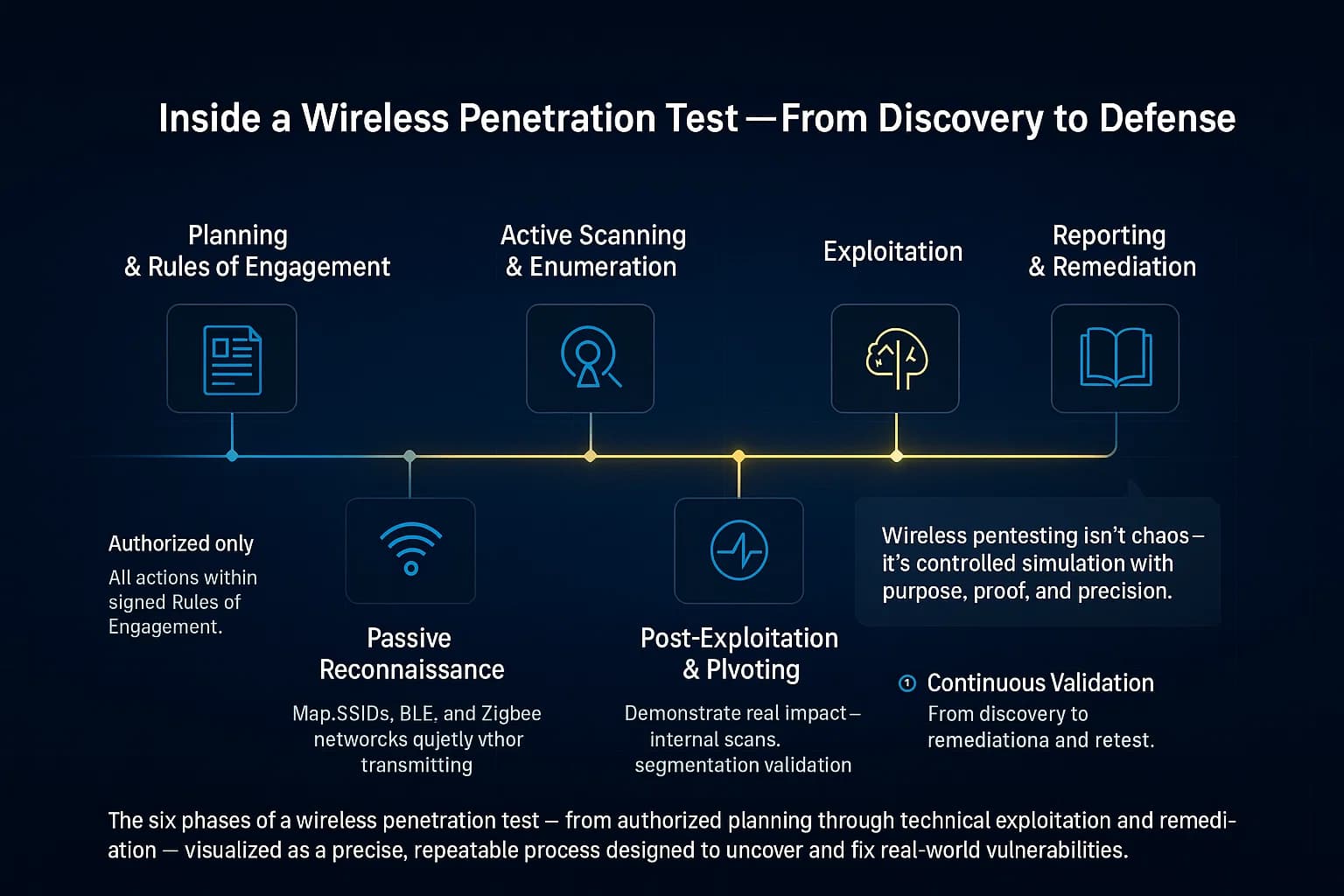 “A step-by-step horizontal flow chart showing six wireless pentest phases: Planning, Passive Recon, Active Scanning, Exploitation, Post-Exploitation, and Reporting — each linked by a glowing line, representing a controlled and continuous security testing process.”