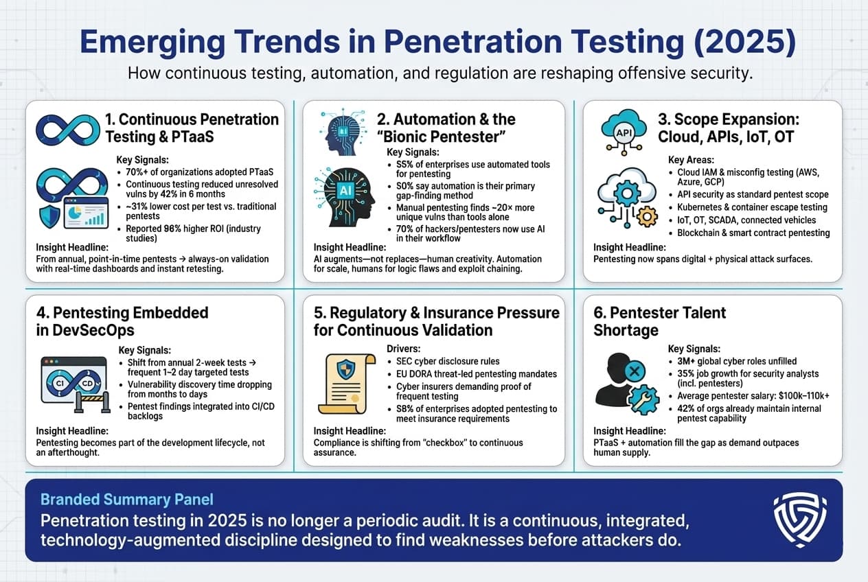 Infographic describing penetration testing trends in 2025, including continuous testing and PTaaS, increased automation supported by human testers, expanded scope to cloud, APIs, IoT, and OT, integration into DevSecOps, regulatory and insurance pressure, and an ongoing shortage of skilled pentesters.