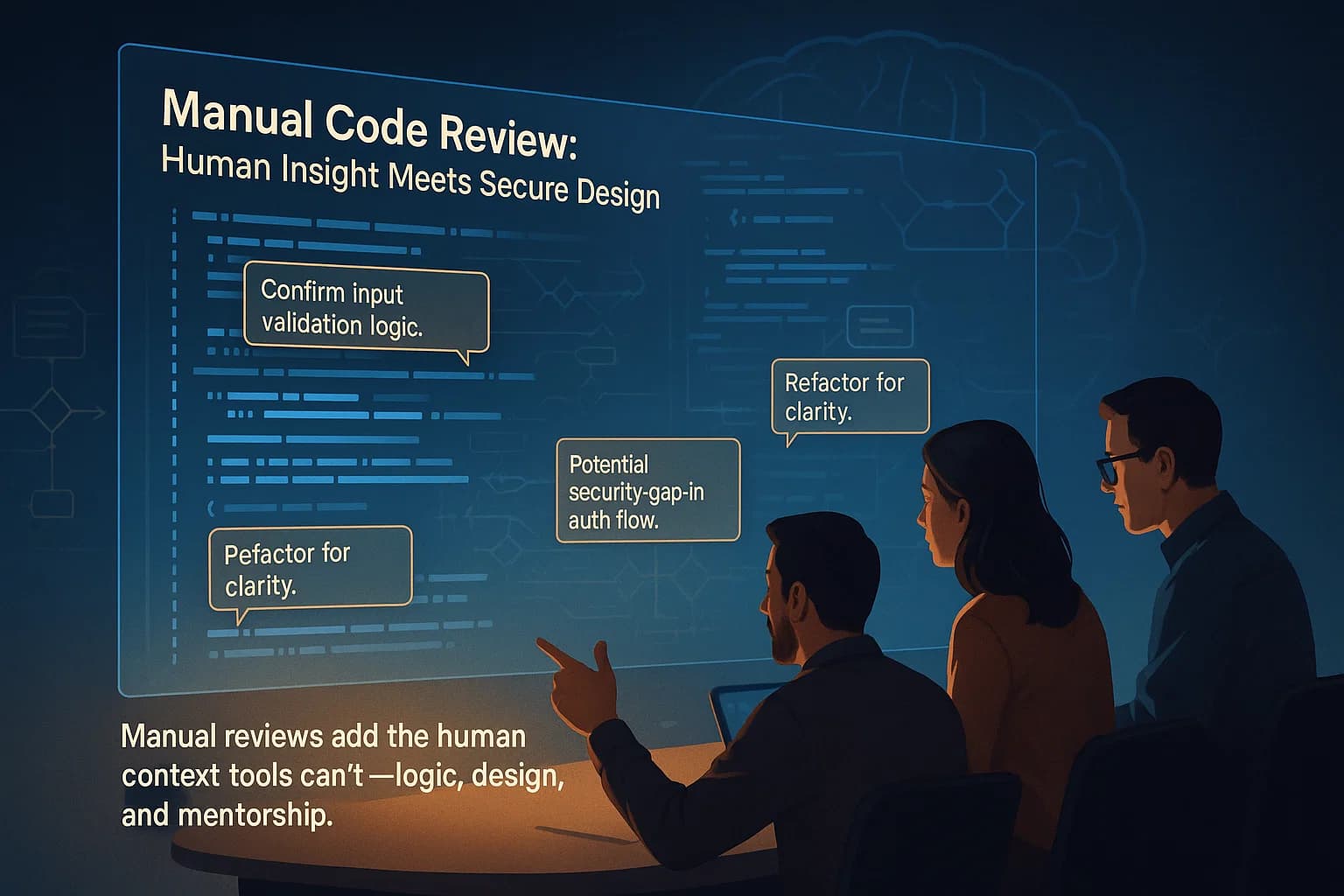 Digital illustration showing developers reviewing code on a holographic screen with annotations, representing human-driven manual code review that identifies logic and design flaws.