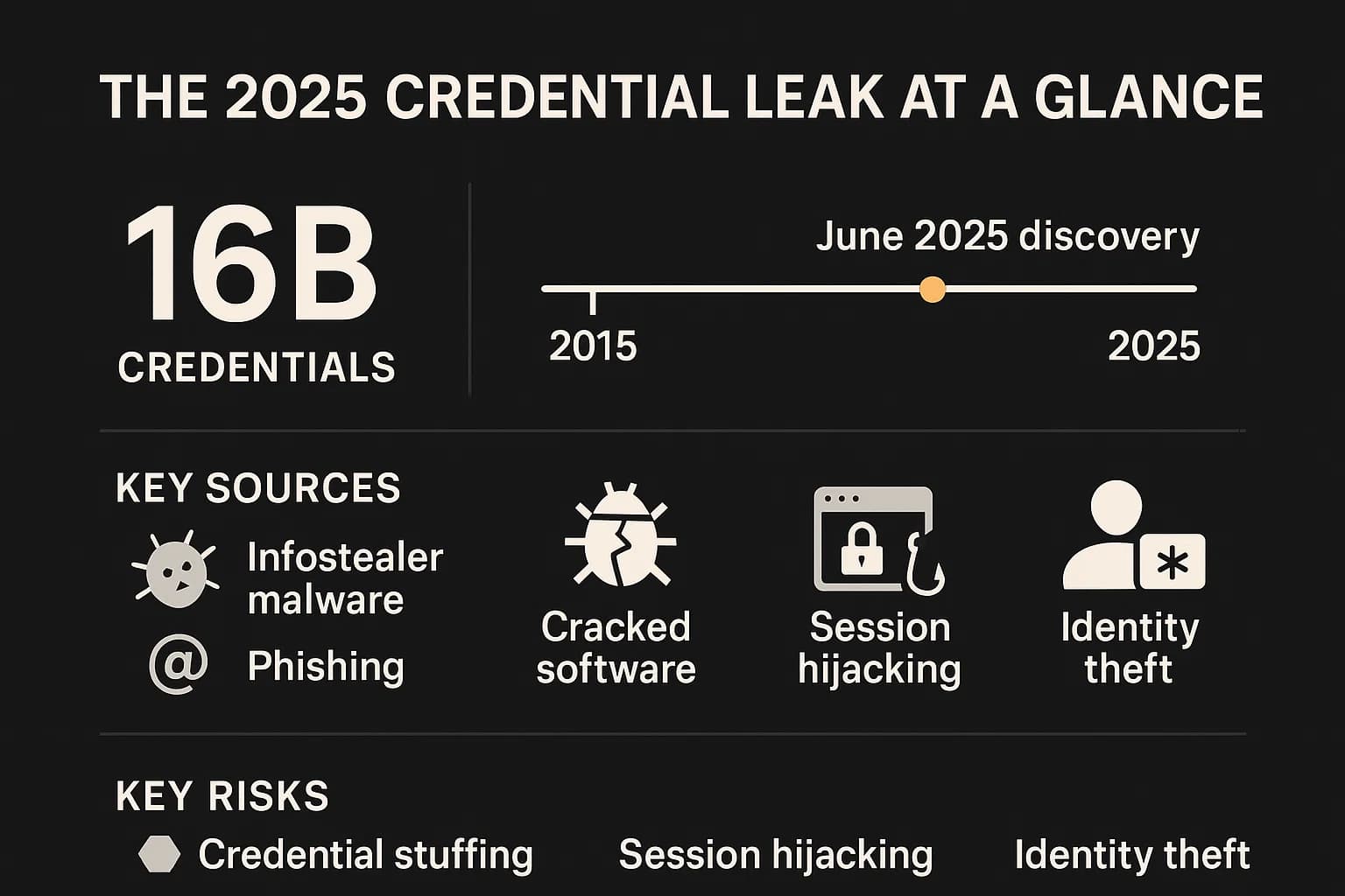 Infographic showing 16 billion leaked credentials discovered in June 2025, key infection vectors like infostealers, and associated risks like account takeover and identity theft.