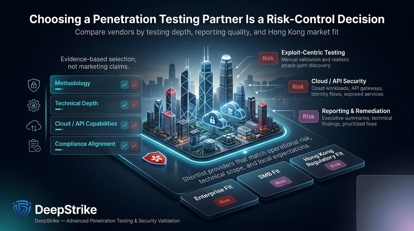 “A premium cybersecurity procurement dashboard shows a futuristic Hong Kong enterprise skyline surrounded by vendor evaluation criteria, including methodology, technical depth, cloud and API capabilities, and compliance alignment. The DeepStrike logo appears isolated in the lower-left corner, while the lower-right corner remains empty for watermark removal.”