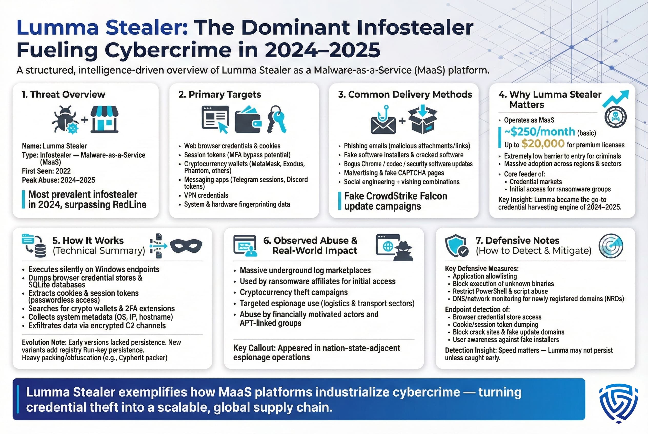Alt text: Infographic detailing Lumma Stealer malware-as-a-service, primary targets, delivery techniques, technical behavior, real-world abuse, and mitigation strategies.