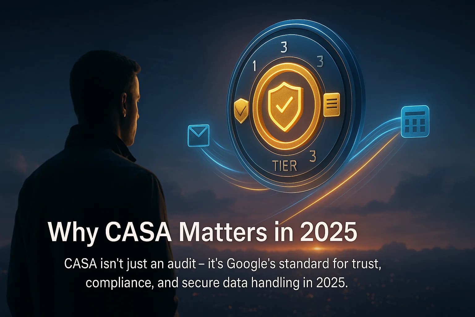 Security engineer examining a glowing CASA verification badge hologram connected to cloud data streams, symbolizing compliance and trust