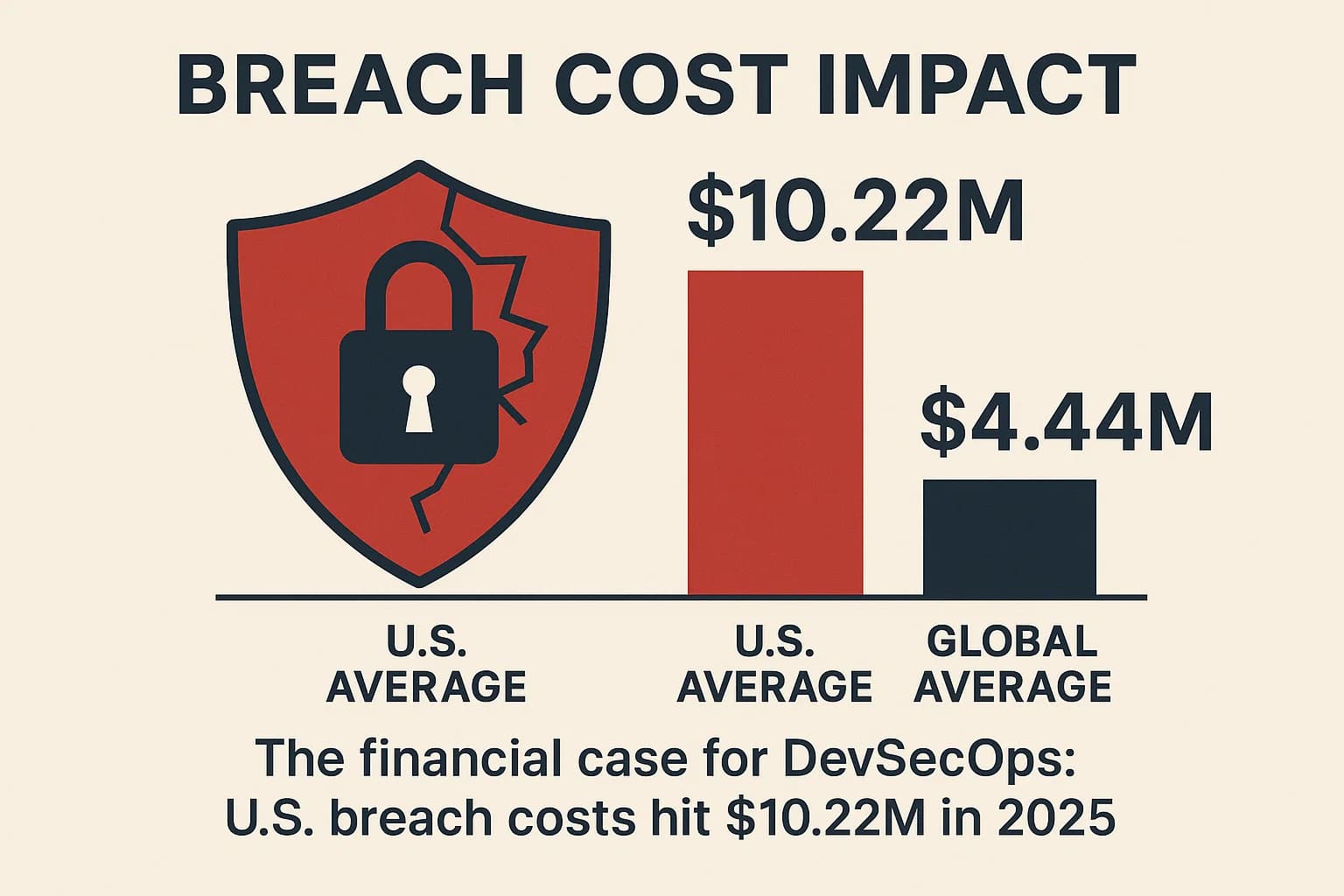 Infographic comparing U.S. average breach cost of $10.22M to global average $4.44M in 2025.