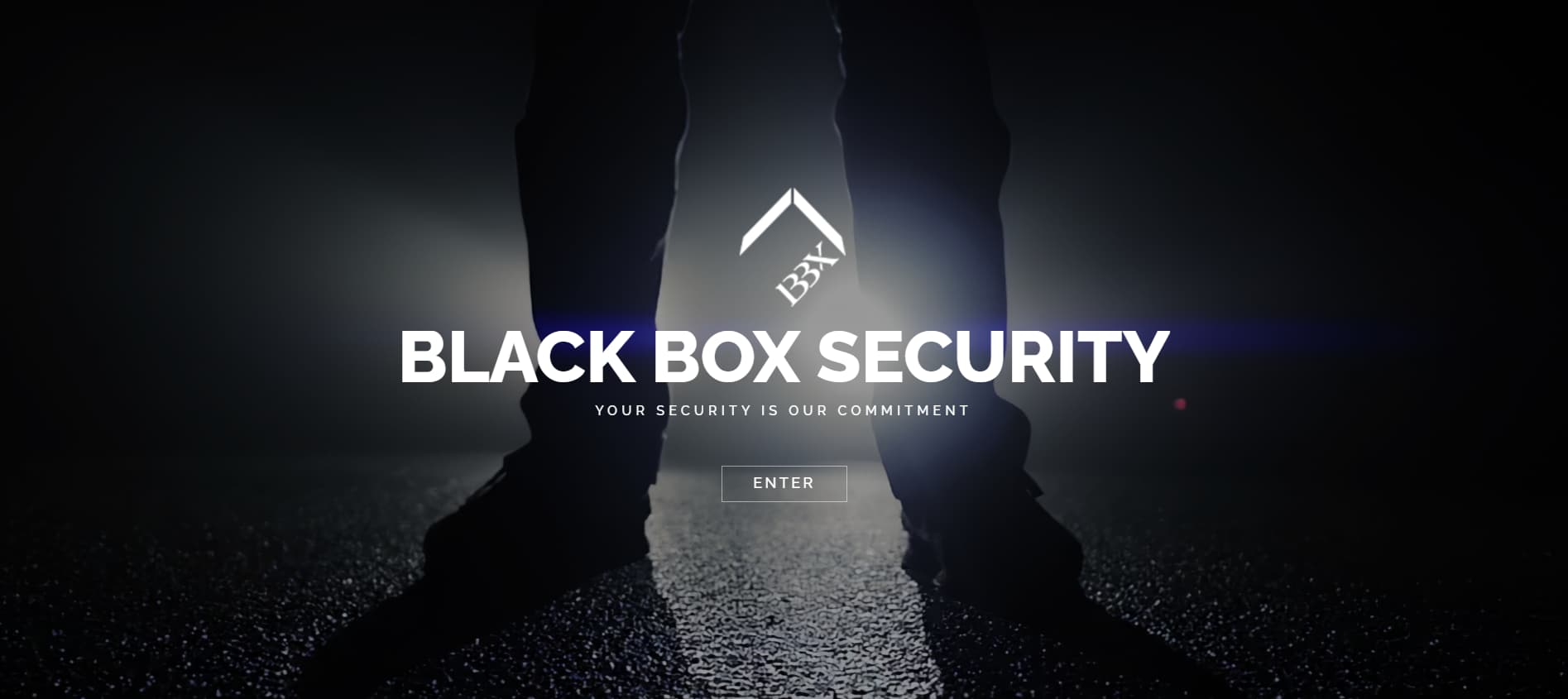 Moody black landing page showing the silhouette of a person’s legs standing on a wet surface with bright backlight and bold text “BLACK BOX SECURITY” and an “Enter” button.