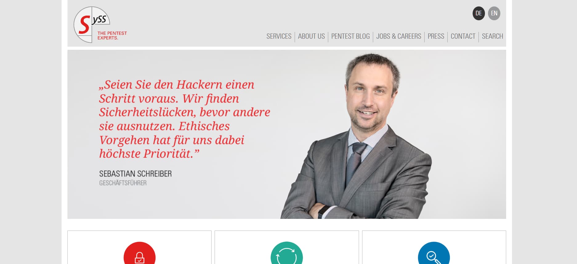 "SySS GmbH website homepage featuring CEO Sebastian Schreiber with quote on ethical hacking — highlighting the company’s leadership in penetration testing and vulnerability assessments in Germany."