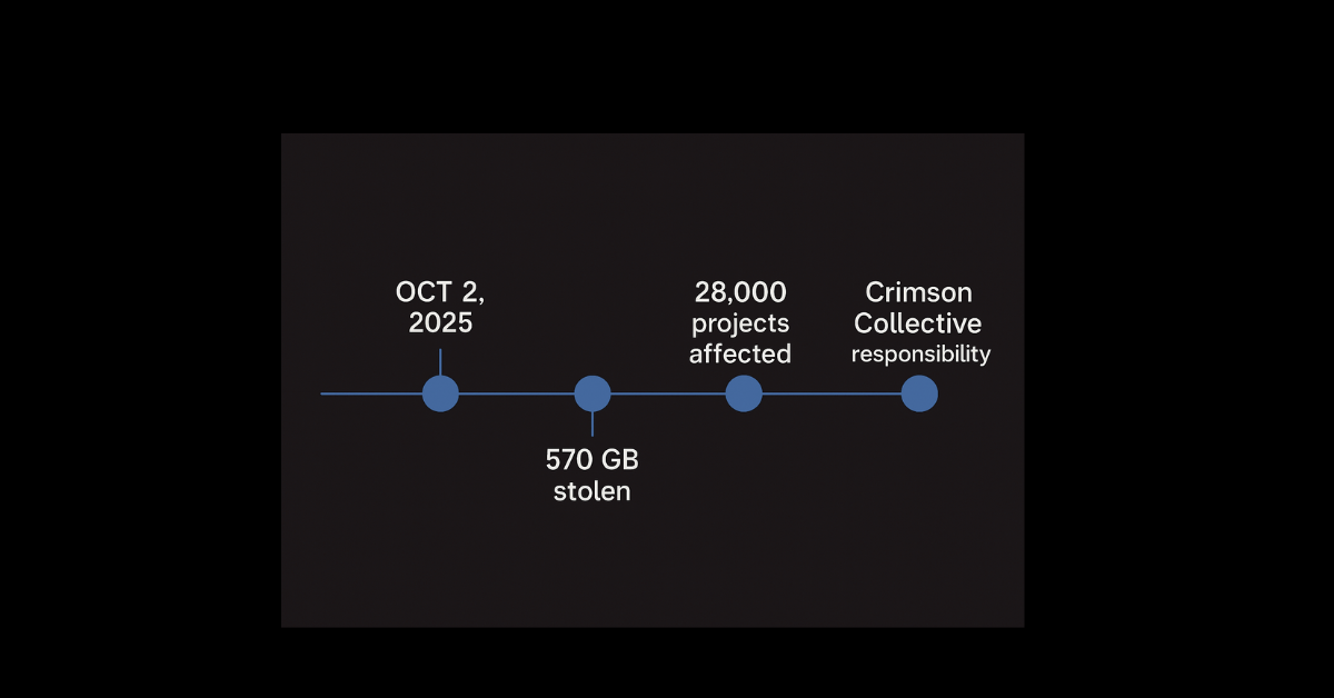 Data exposure infographic from Red Hat GitLab Breach 2025 showing reports, configurations, access tokens, and internal project files