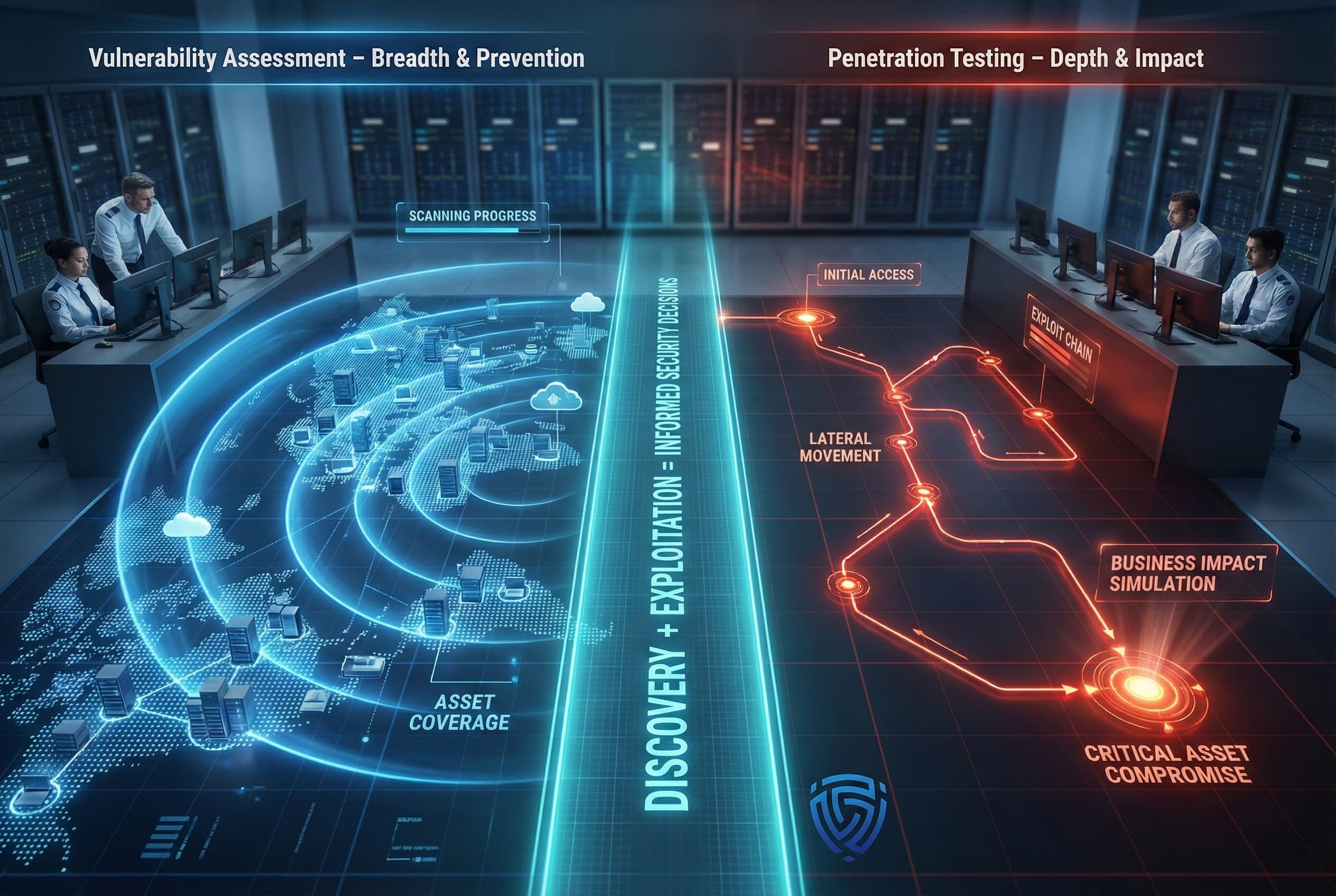 A split-screen visual comparing vulnerability assessment and penetration testing. The left side illustrates broad asset coverage and continuous scanning, while the right side shows penetration testing simulating real attacks with initial access, lateral movement, and business impact.