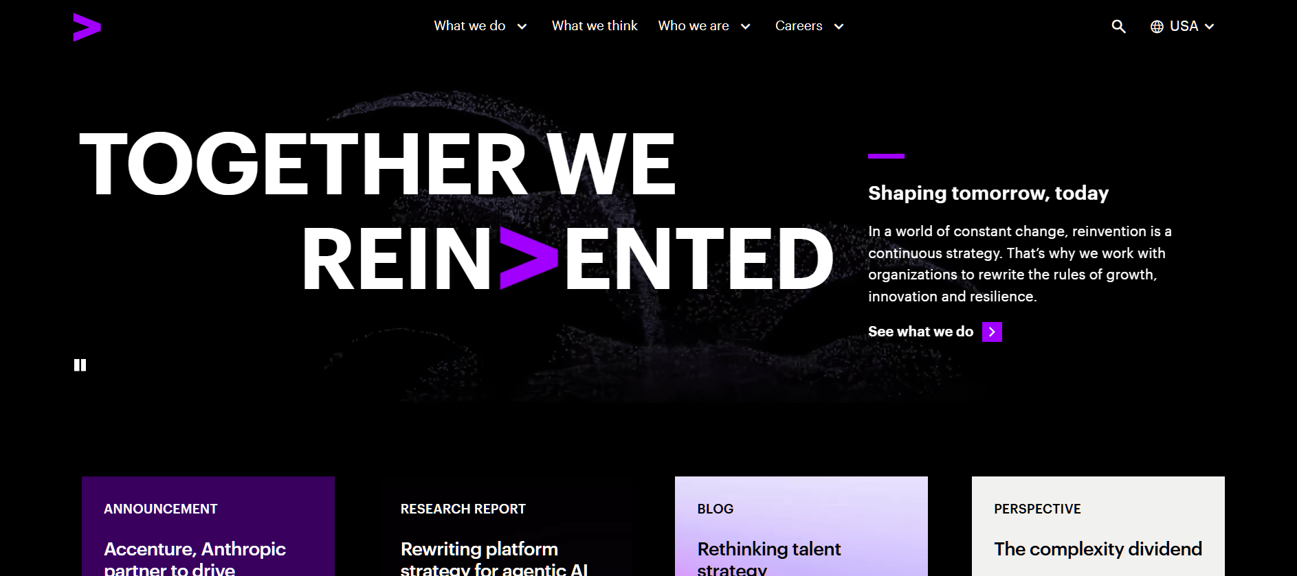 “Accenture website homepage with headline ‘Together We Reinvented’, featuring messaging about shaping tomorrow through innovation, resilience, and digital transformation, with navigation links for services, insights, careers, and global location.”