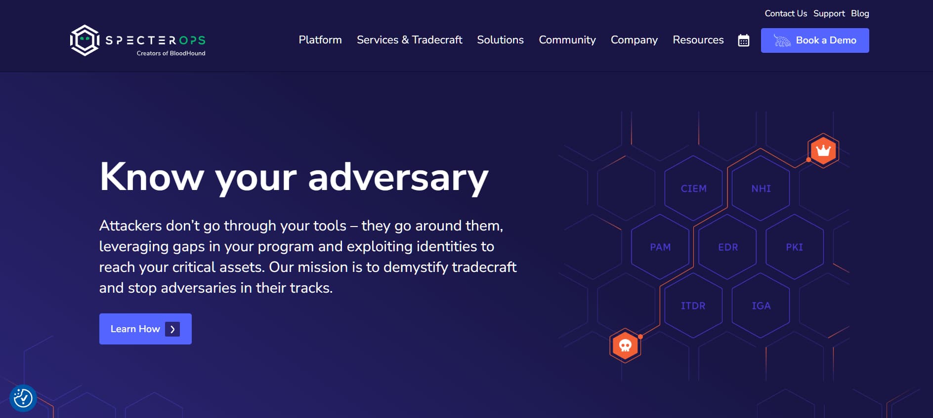 “SpecterOps homepage emphasizing adversary-focused security testing and attack path analysis using identity and privilege abuse techniques.”