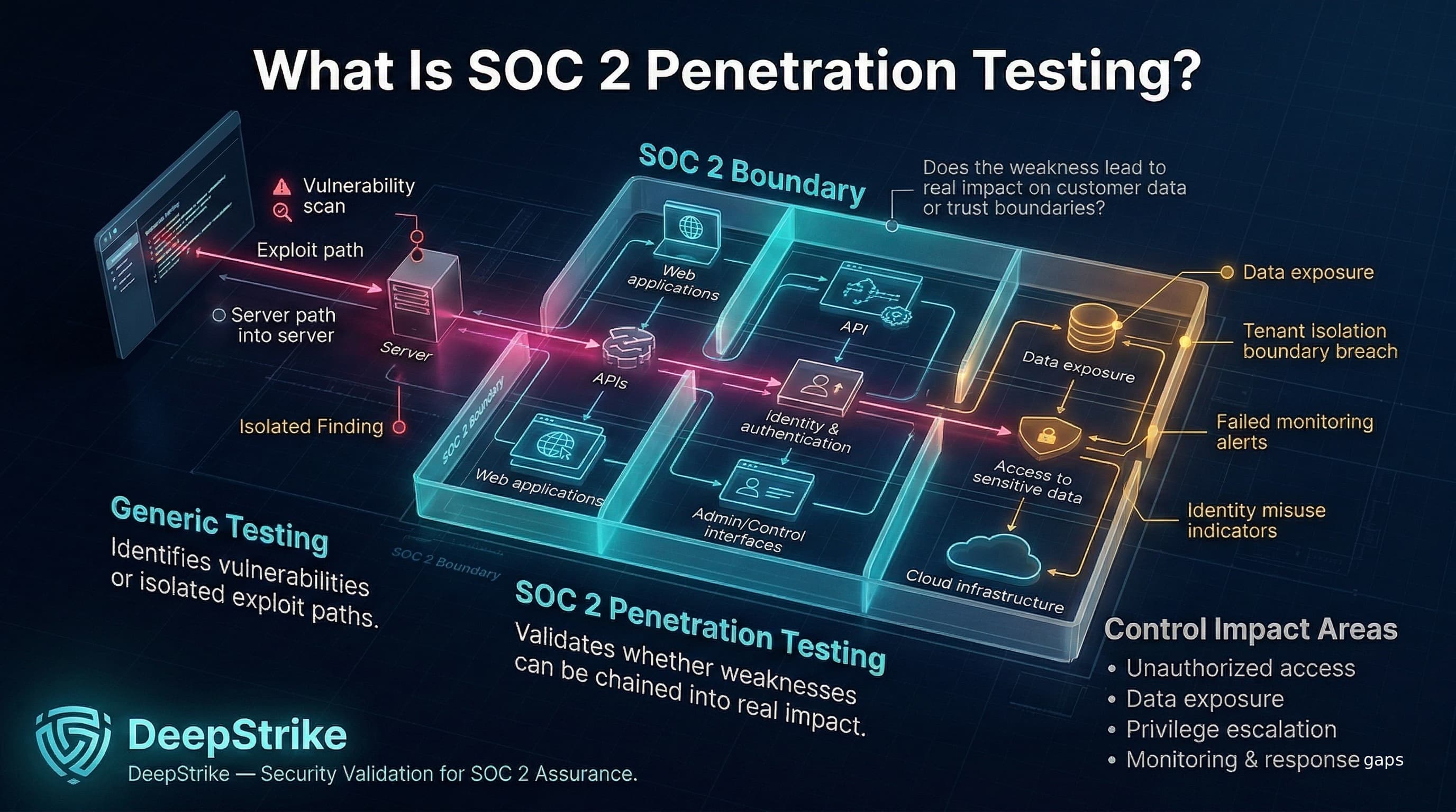 “A cybersecurity diagram shows a SOC 2 system boundary containing applications, APIs, and identity systems. A structured attack path moves through multiple components, demonstrating how vulnerabilities can be chained into unauthorized access, data exposure, and control failures.”
