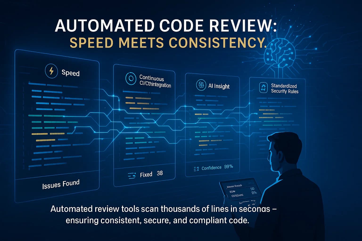 Digital illustration of an AI system automatically scanning source code on holographic panels, representing automated code review for speed, scale, and consistency.