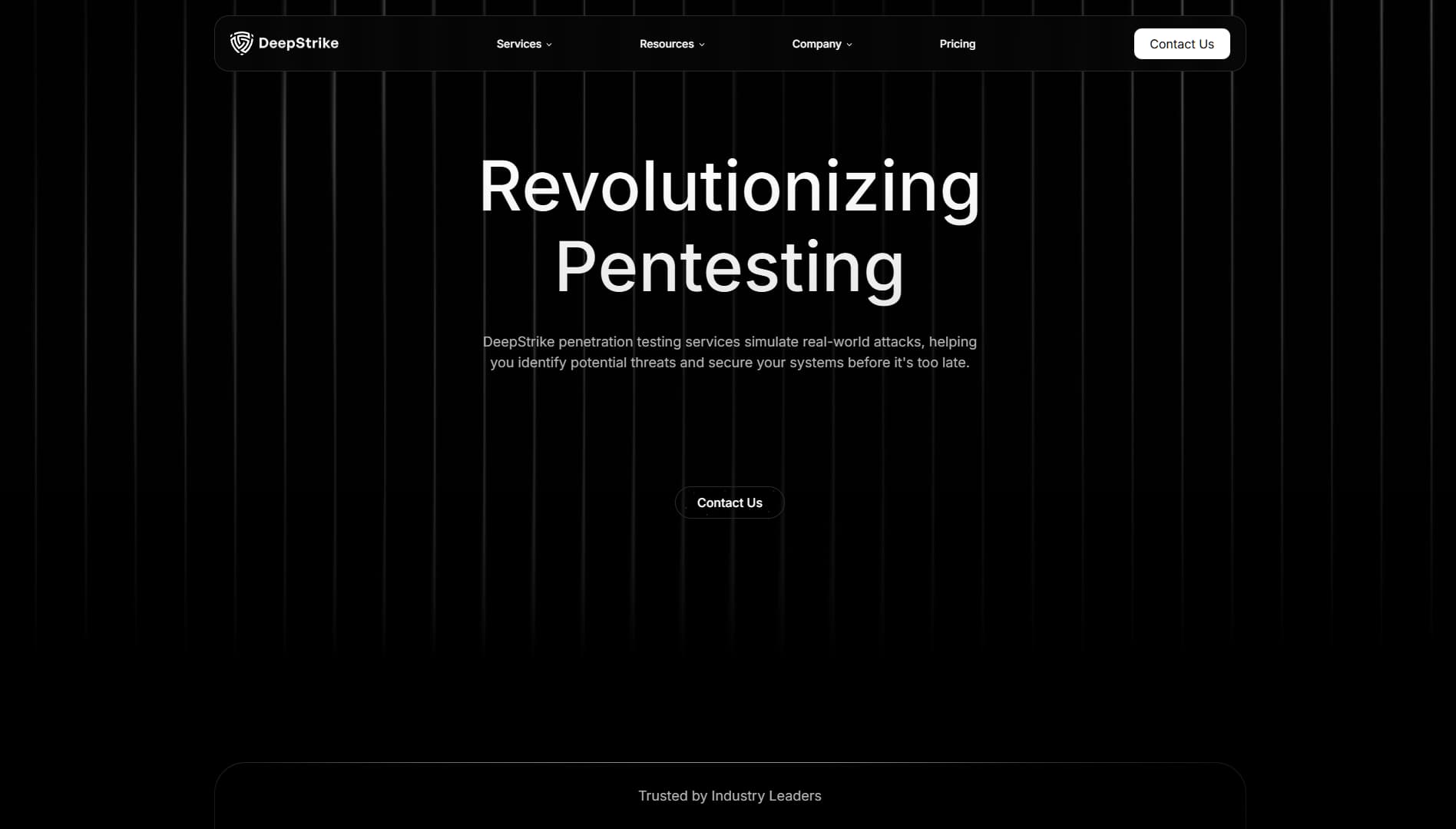 Homepage of DeepStrike with a dark theme and white headline text reading ‘Revolutionizing Pentesting’. The page promotes penetration testing services simulating real-world attacks.