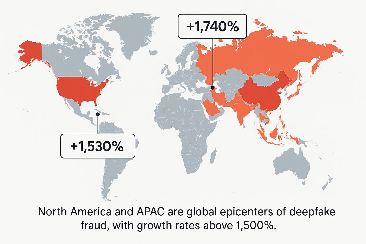 World heatmap highlighting North America (+1,740% fraud growth) and Asia Pacific (+1,530%) as deepfake fraud hotspots.