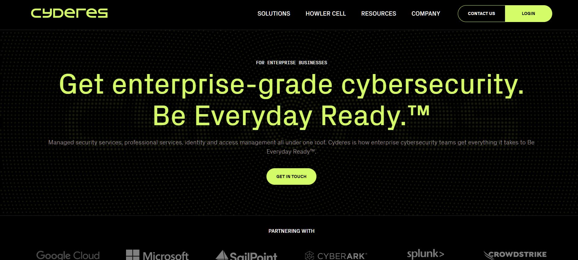 Alt text: Black and neon-green cybersecurity website hero reading “Get enterprise-grade cybersecurity. Be Everyday Ready.” with partner logos below.